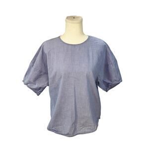 Muji Pinstripe Puff Sleeve Cropped Cotton Blouse XS Blue White Top Minimalist